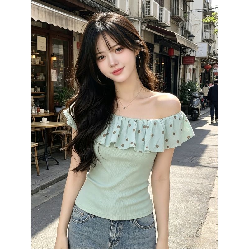 사람들 면 여름 작은 청신 도트 무늬 패치워크 반팔 맨위 몸매 가꾸기 슬림해 보이는 다용도 보트넥 연령 감소 소녀 티셔츠