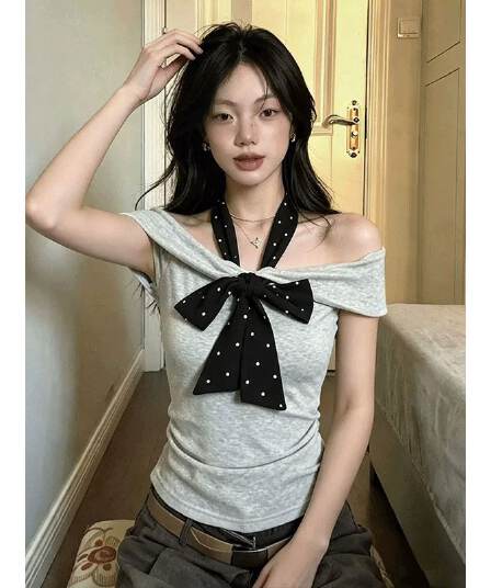 40 순면 리브 210 그램 리본 새로운 순수한 욕망 핫걸 도트 무늬 넥타이 오프숄더 반팔
