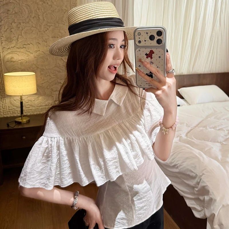 원본 대나무 마디 주름 있음 전진 끝난 수축 가공 높은 품질 에디션 망토 얇고 가벼운 여성 셔츠