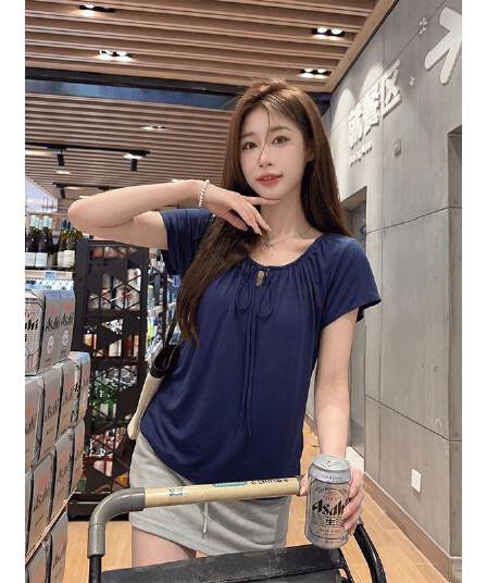 200그램 사람들 면 가벼움 도루 센스 좋은 핏 스타일 더 나은 디자인 센스 작은 대중 레이스업 화이트 반팔 티셔츠