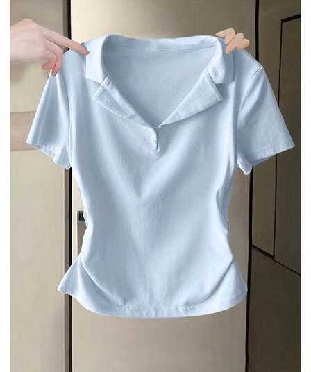 순면 리브 V넥 POLO 셔츠 반팔 티셔츠 여성 여름 몸매 가꾸기 인사이드 가져 가라. 쇼트 스타일 주름 허리 수축 반소매 맨위