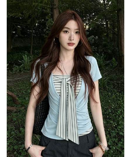 원본 것 한 부서 반팔 티셔츠 투피스 슈트 여성 여름 스트라이프 튜브탑 조끼 몸매 가꾸기 디스플레이 맨위
