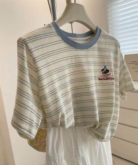 원본 원단 특별 빅 사이즈 300 근 배색 스트라이프 반팔 tee 여성 여름 자수 캐주얼 티셔츠