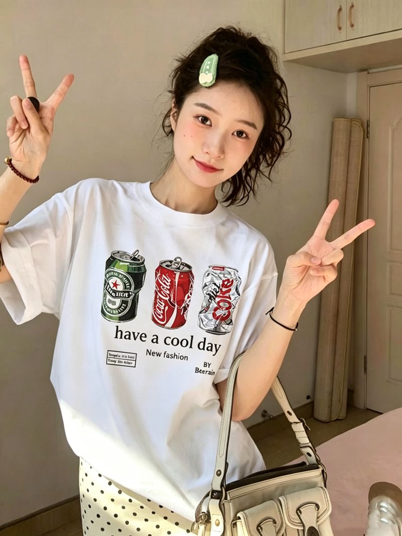 21 순면 210 그램 순면 여름 드레스 반팔 티셔츠 여성 한국 스타일 빅 사이즈 루즈핏