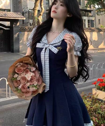 여름 새로운 한 부서 학원 스타일 패션 연령 감소 디자인 나비 매듭 페이크 레이어드 드레스 여자 학생 A라인 스커트