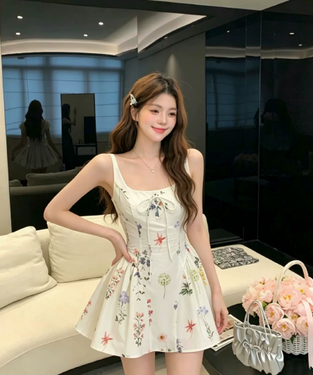 이중층 세트 인사이드 순면 워터 마크 치마 아이들 여름 슬림해 보이는 허리 수축 레이스업 꽃무늬 드레스 공주 센스 슬립 드레스