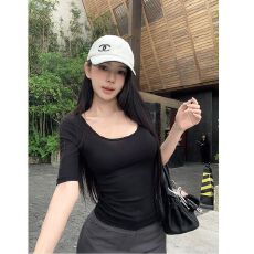 批发【随心裁】黑色u领短袖t恤女中袖辣妹紧身显瘦五分袖上衣