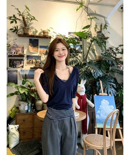원본 사람들 면 260 그램 V넥 반팔 티셔츠 세트 여성 여름 스트라이프 슬립 루즈핏 블라우스 맨위