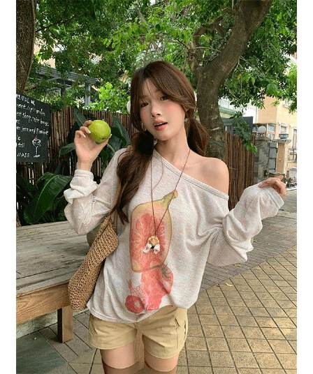 원본 무지개 마 새로운 여름 Fig 프린트 비스듬한 어깨 긴팔 티셔츠 루즈핏 느긋한 블라우스