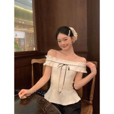 批发【原版提花】法式纯欲一字肩短袖T恤女<b class='q'>夏</b>季露肩收腰修身显瘦上衣