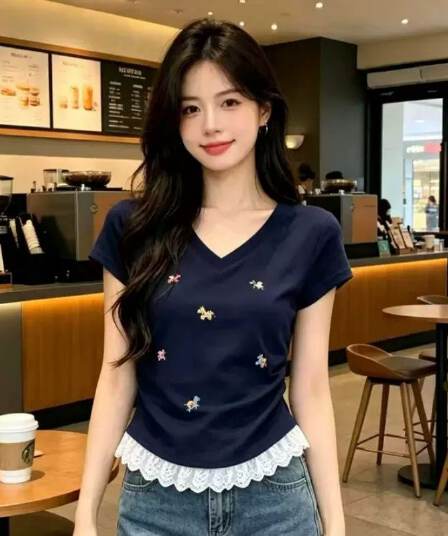 40 순면 1 1 리브 210 그램 레이스 조각 긍정적 인 어깨 티셔츠 여성용 짧은 소매 여름 몸매 가꾸기 주름 허리 수축 맨위