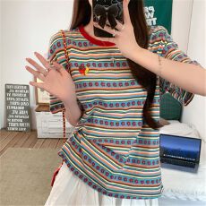 批发原版面料 提花短袖t恤夏 正肩刺绣宽松短款圆领<b class='q'>中长款</b>上衣女