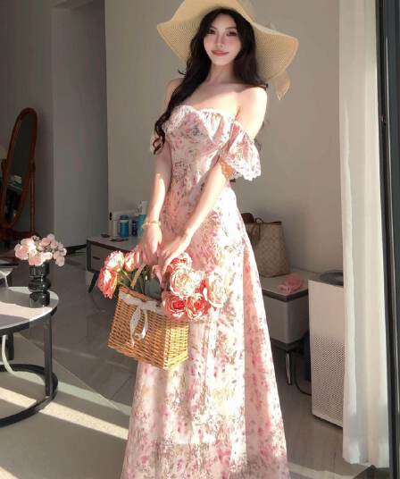 오프숄더 프랑스식 깨진 꽃차 휴식 여성 드레스 여름 휴가 부드러운 바람 롱 스커트 허리 수축 아름다운 품격 치마