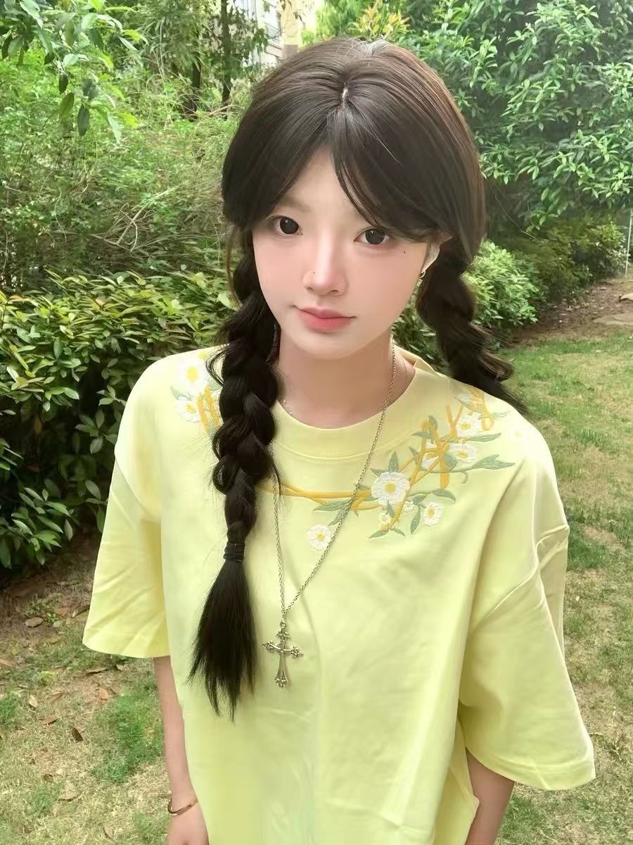 2026 여름 자수 순면 220 그램 빗질하다 닫기 반팔 티셔츠 여성
