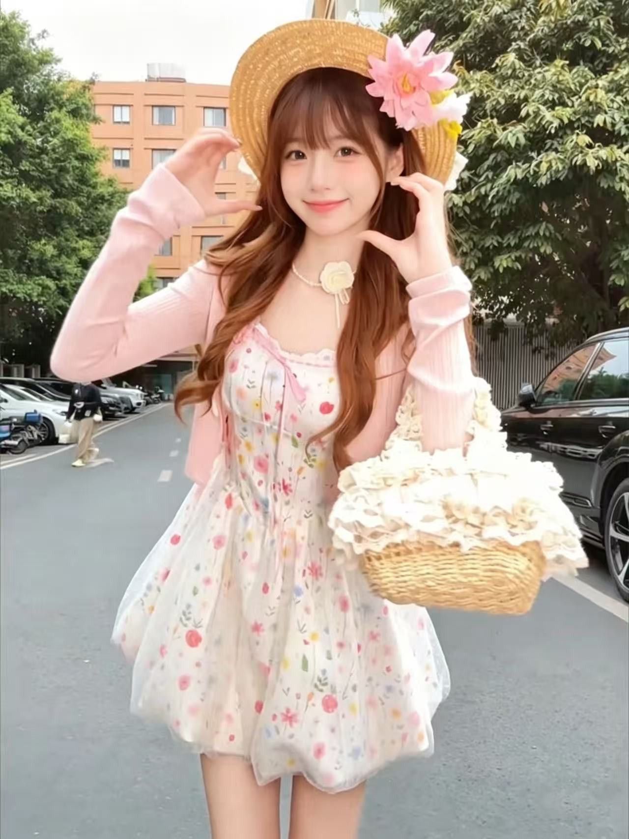 프랑스식 달콤한 스타일 꽃무늬 슬립 여성 드레스 여름 작은 키 연령 감소 오픈 가디건 투피스 세트 휴가 바람 미니 스커트