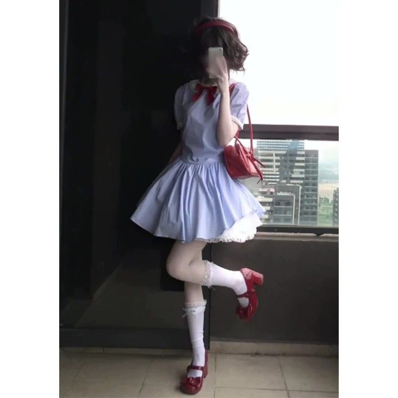 학원 스타일 베이비 칼라 파란색 스트라이프 반팔 셔츠 드레스 아이들 여름 작은 키 허리 수축 퍼프 미니 스커트