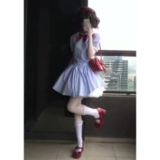 学院风娃娃领蓝色条纹短袖衬衫连衣裙子女夏季小个子收腰蓬蓬短裙