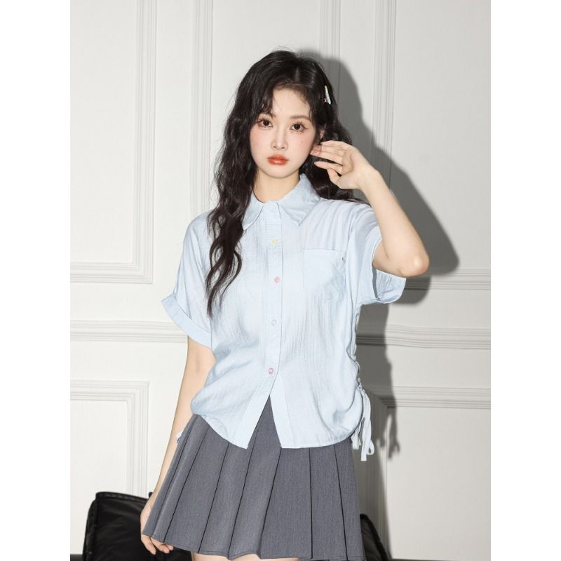 원본 것 원단 하늘색 POLO 칼라 반팔 여성 셔츠 여름 루즈핏 펌프 로프 맨위