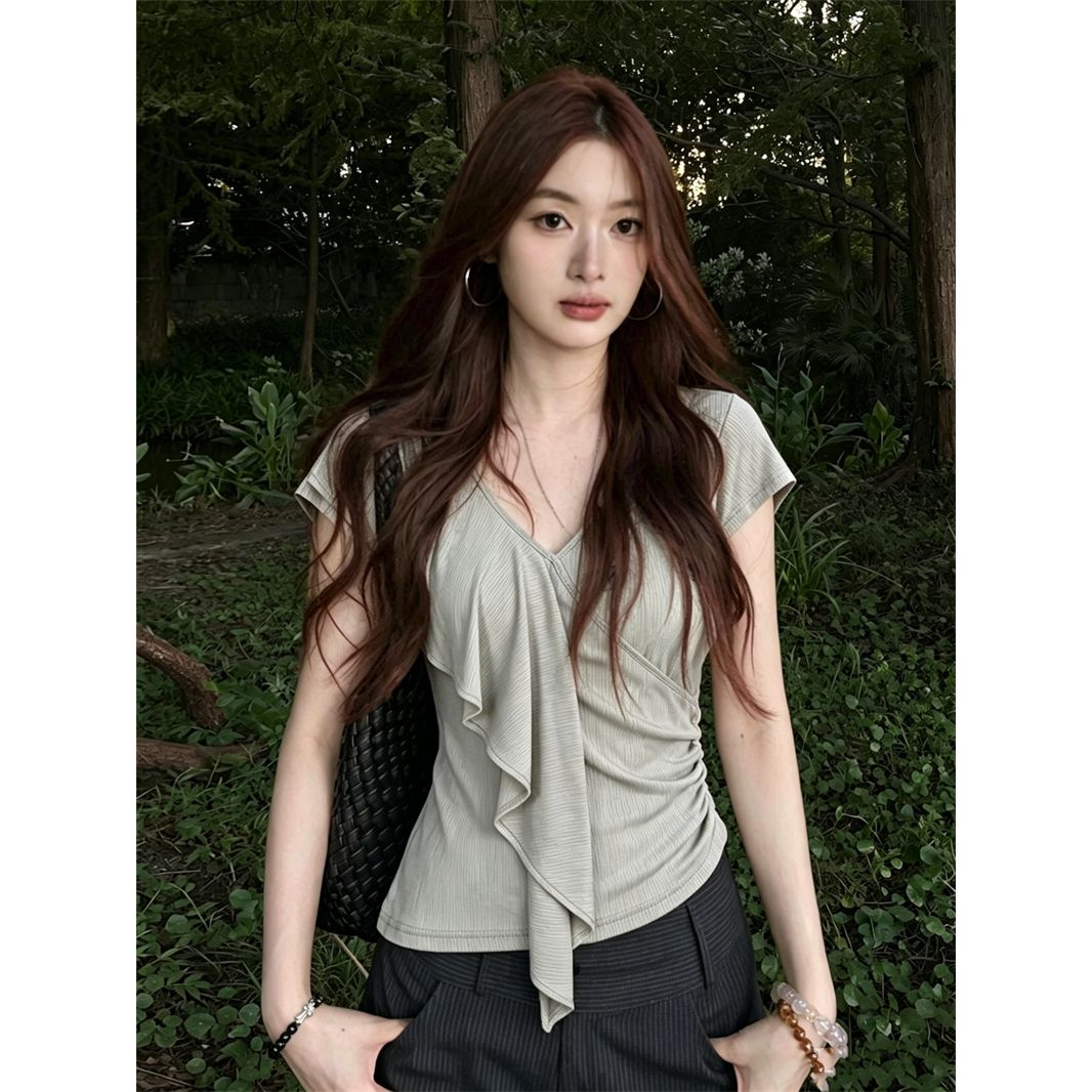 사람들 면 260 그램 디자인 V넥 프릴 반팔 티셔츠 여름 착용 가져 가라. 새로운 허리 수축 슬림해 보이는 맨위