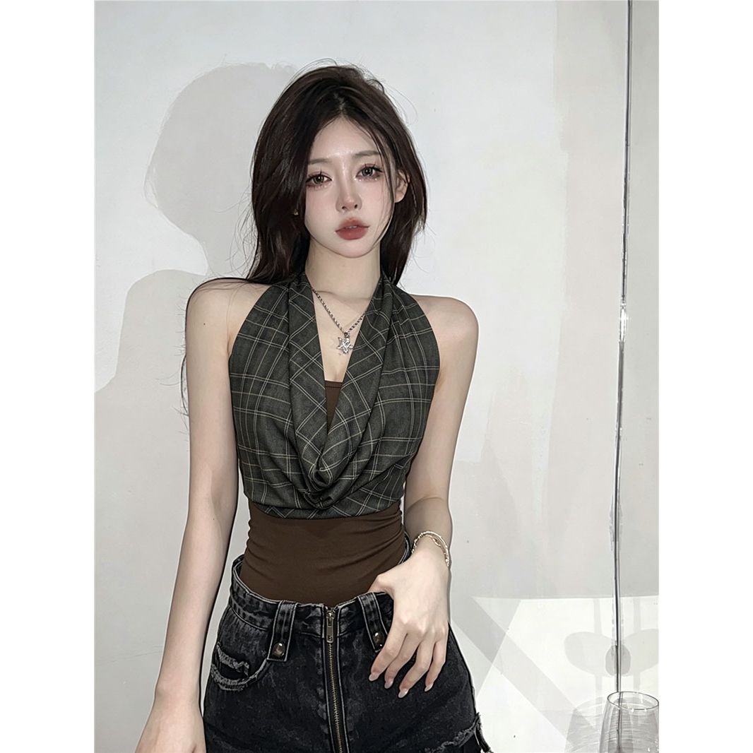 아메리칸 레트로 체크무늬 패치워크 흔들다 칼라 행침 목 캐미솔 여름 새로운 핫걸 민소매 몸매 가꾸기 맨위