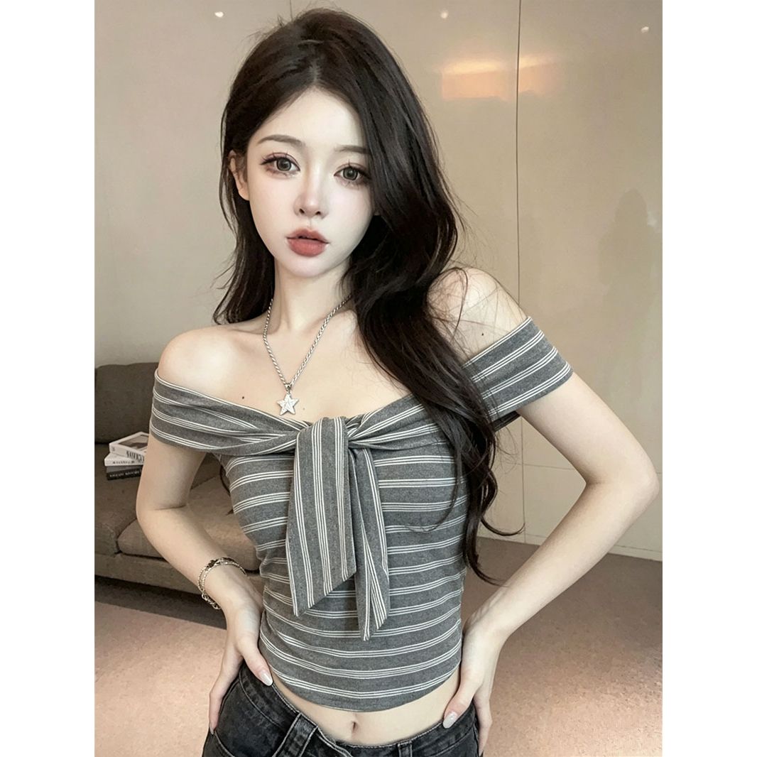원본 것 순수한 코튼 기사 한국 스타일 기타 착용 비틀림 오프숄더 스트라이프 몸매 가꾸기 반팔 티셔츠 맨위