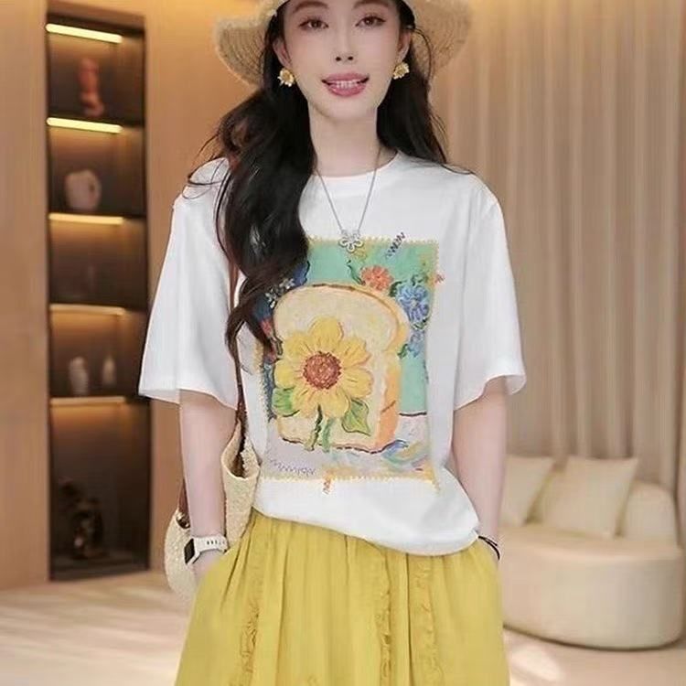 21 순면 210 그램 순면 여름 드레스 반팔 티셔츠 여성 한국 스타일 빅 사이즈 루즈핏