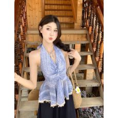原版刺绣面料打揽 民族风重工刺绣挂脖V领背心女夏季性感露背上衣