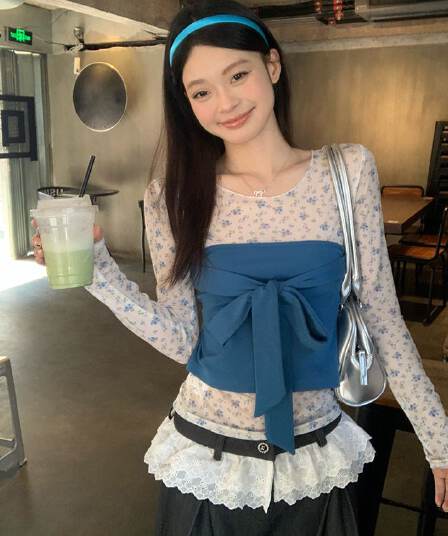원본 티셔츠 튜브탑 파란색 작은 꽃무늬 마이크로 ~을 통해 몸매 가꾸기 긴팔 티셔츠 여성 봄 새로운 기본 셔츠