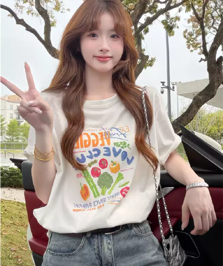 21 순면 210 그램 이후 패키지 칼라 여름 드레스 한 부서 반팔 티셔츠 여성 한국 스타일 루즈핏 빅 사이즈 프린트