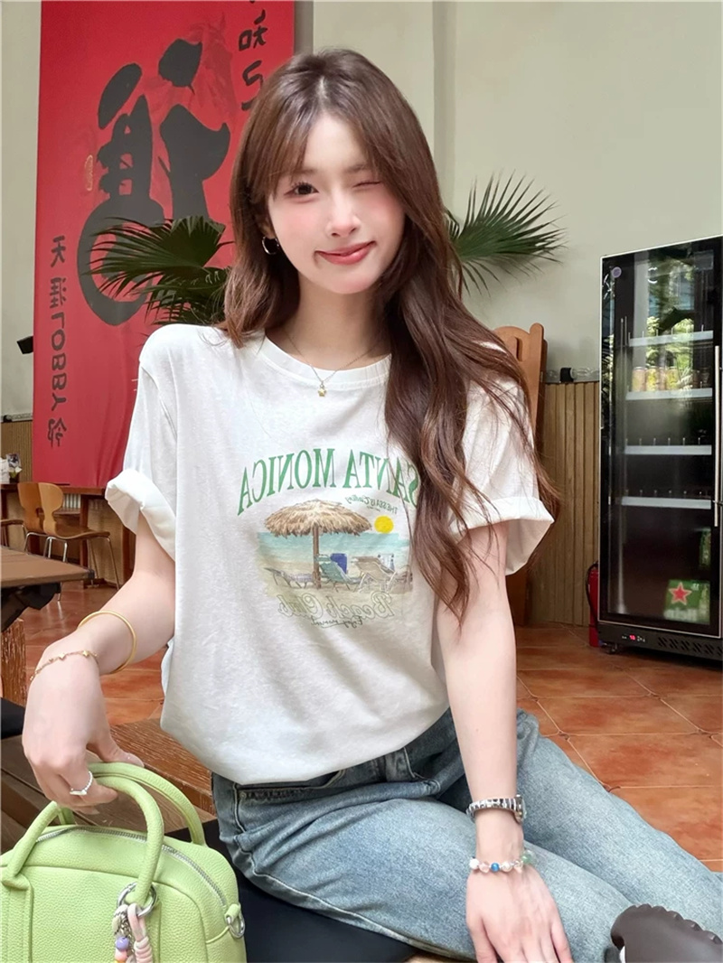 21 순면 210 그램 이후 패키지 칼라 여름 드레스 한 부서 반팔 티셔츠 여성 한국 스타일 루즈핏 빅 사이즈 프린트