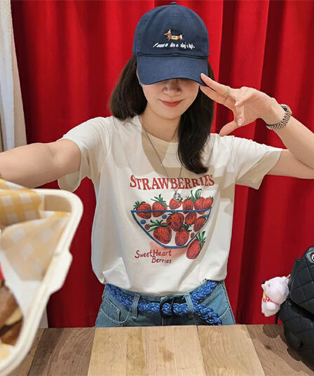 21 순면 210 그램 이후 패키지 칼라 여름 드레스 한 부서 반팔 티셔츠 여성 한국 스타일 루즈핏 빅 사이즈 프린트