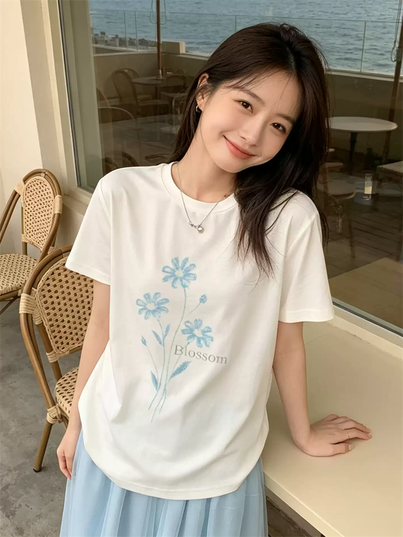 21 순면 210 그램 이후 패키지 칼라 여름 드레스 한 부서 반팔 티셔츠 여성 한국 스타일 루즈핏 빅 사이즈 프린트