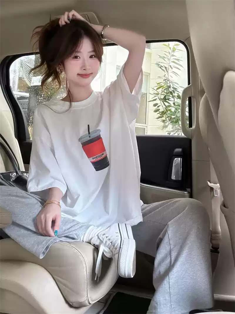 21 순면 210 그램 이후 패키지 칼라 여름 드레스 한 부서 반팔 티셔츠 여성 한국 스타일 루즈핏 빅 사이즈 프린트
