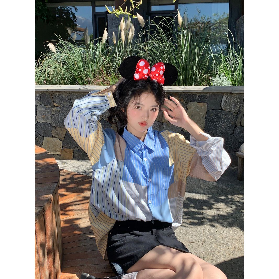 가을 레트로 스트라이프 패치워크 긴팔 여성 셔츠 2026 새로운 Chic 디자인 센스 캐주얼 폴로 칼라 맨위 재킷