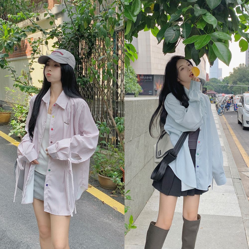 디자인 센스 작은 대중 Chic 레이스업 색상 단추 스트라이프 여성 셔츠 2026 봄 가을 얇은 스타일 긴팔 자외선 차단 맨위