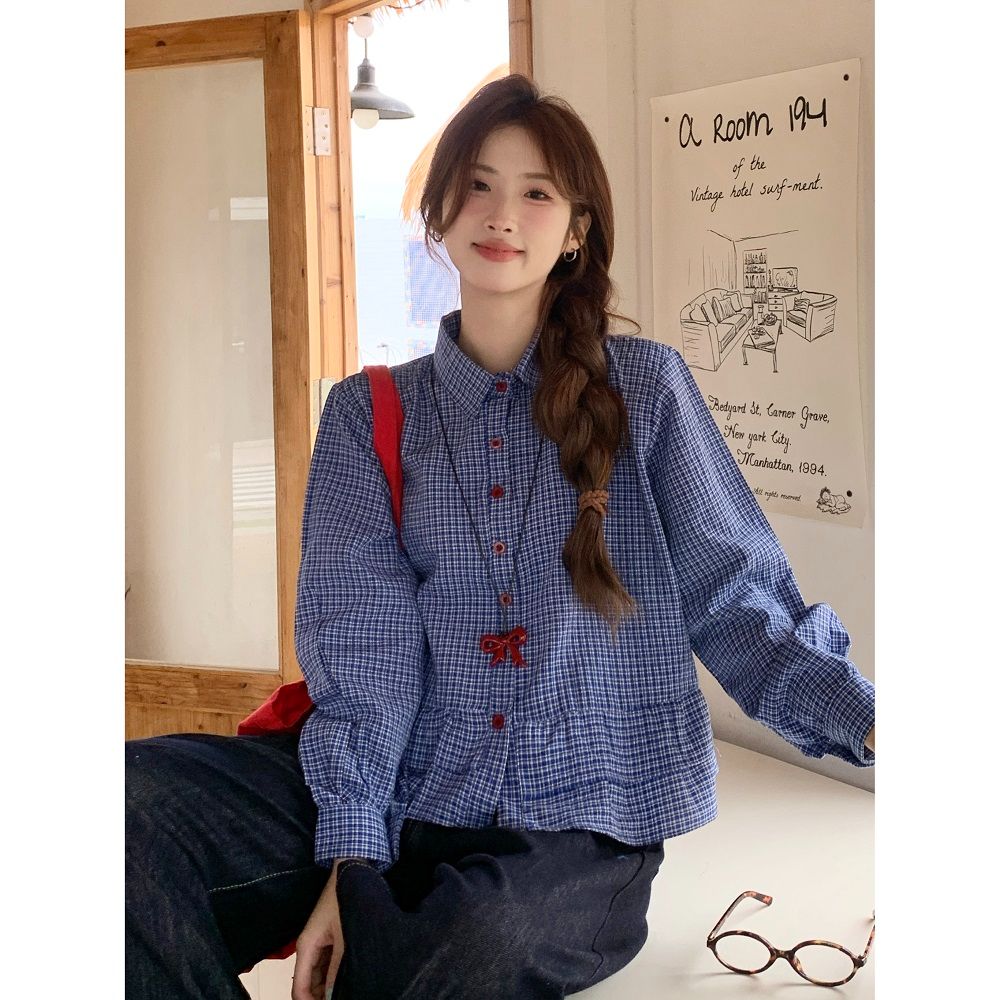 파란색 체크무늬 여성 셔츠 2026 봄 가을 새로운 miu 부서 착용 가져 가라. 프릴 긴팔 셔츠 쇼트 스타일 맨위