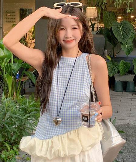 원본 원단 것 프랑스식 달콤한 매운맛 바람 파란색 체크무늬 행침 목 조끼 여성 여름 몸매 가꾸기 슬림해 보이는 민소매 맨위