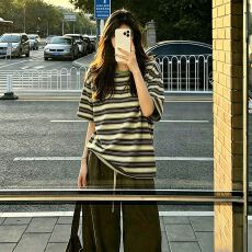 批发2026夏季牛油果配色韩系慵懒条纹撞色短袖T恤<b class='q'>女</b>夏宽松弛感上衣