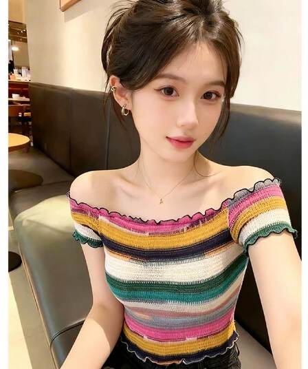 스트라이프 오프숄더 반팔 티셔츠 여성 여름 순수한 욕망 섹시함 핫걸 몸매 가꾸기 슬림해 보이는 작은 키 쇼트 스타일 오프숄더 맨위