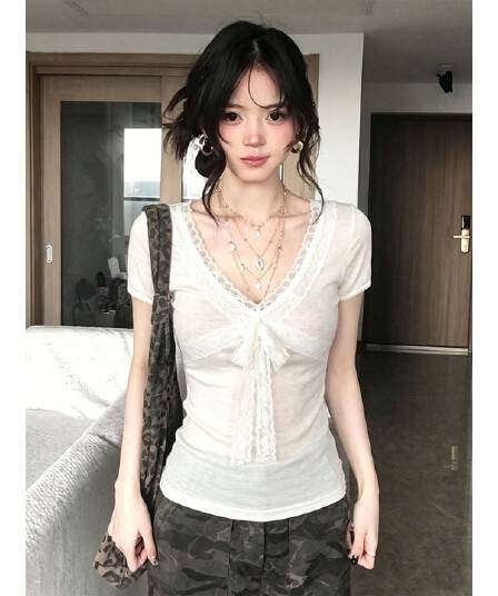 원본 순면 원단 한 부서 V넥 반팔 티셔츠 여름 레이스 조각 스트랩 핫걸 인사이드 잡아라. 의류