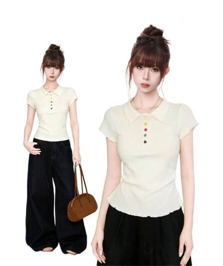 원본 것 POLO 칼라 색상 단추 반팔 티셔츠 여성 여름 프릴 아름다운 허리 수축 주름