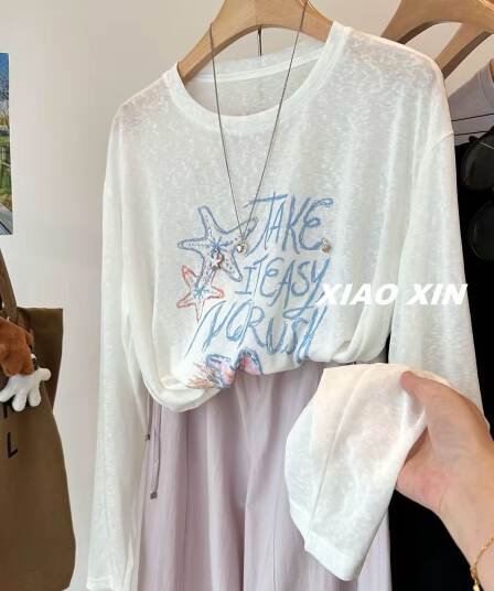 눈꽃 면 특별 빅 사이즈 300 근 비즈 박기 불가사리 알파벳 얇은 스타일 긴팔 티셔츠 루즈핏 자외선 차단 블라우스