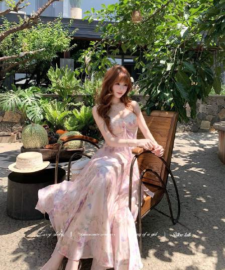 lazydidi 꽃 편지 암호 헤일로 염색 유화 꽃무늬 10 개입 서있는 자르다 허리 수축 드레스 슬립 큰 진자 롱 스커트