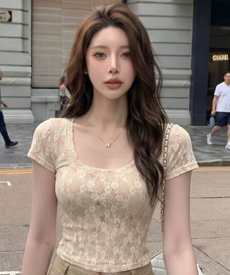 순수한 욕망 바람 핫걸 레이스 셔츠 u 칼라 반팔 티셔츠 여성 여름 몸매 가꾸기 슬림해 보이는 섹시함 허리 수축 쇼트 스타일 외출용 맨위