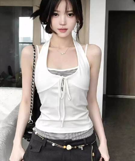 아메리칸 순수한 욕망 인사이드 가져 가라. 행침 목 맨위 여성 여름 새로운 페이크 레이어드 스트라이프 조끼 핫걸 아름다움 뒤로 외출용 슬립