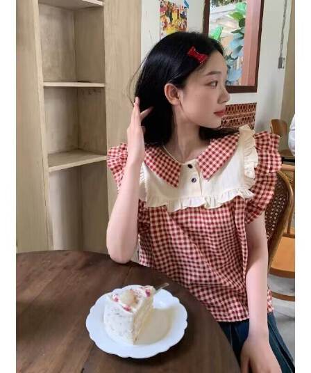 일본식 달콤함 Feifei 소매 체크무늬 여성 셔츠 작은 키 여름 2026 새로운 잘 생긴 외국 가스 ~ 중 작은 셔츠 맨위