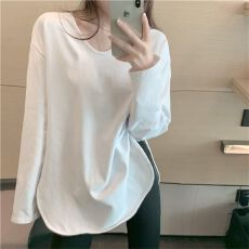 批发（32支拉架纯棉95%棉5氨纶）纯棉女宽松V领中长款T恤女<b class='q'>秋</b>潮