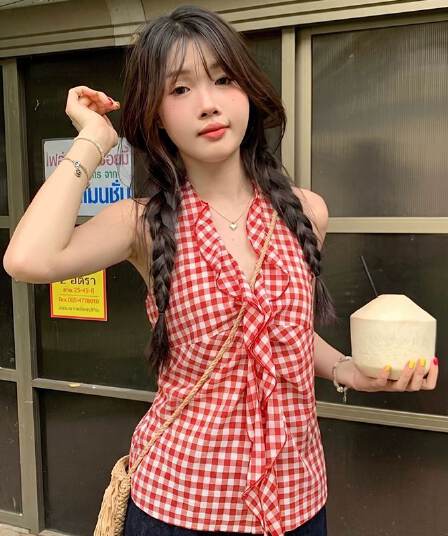 프랑스식 레트로 빨간색 체크무늬 프릴 행침 목 캐미솔 여름 외출용 허리 수축 슬림해 보이는 핫걸 맨위