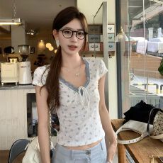 批发【宋正恩同款面料印花+同款花边】<b class='q'>新款</b>短款修身独特漂亮绝美