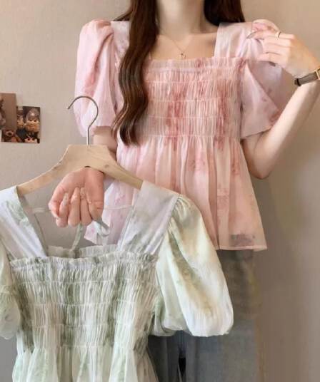 프랑스식 부드러운 버블 반팔 쉬폰 꽃무늬 여성 셔츠 여름 빅 사이즈 지방 mm 슬림해 보이는 디자인 센스 작은 대중 맨위